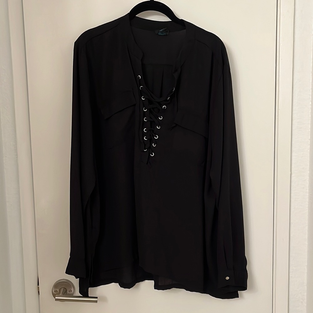 Black Lace Up Blouse w/ Pockets
